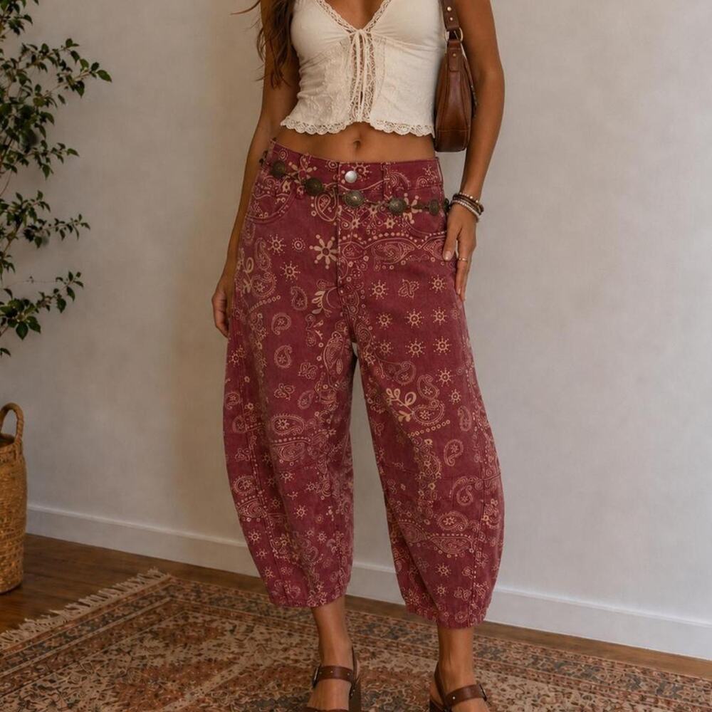 Y2K Boho Bandana Print Barrel Leg Capri Ankle Pants